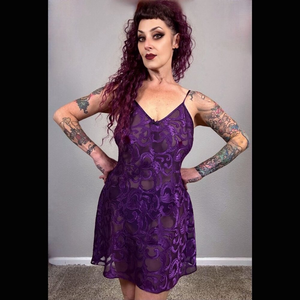 Y2K Fredricks of Hollywood Slip Dress Dark Purple Lingerie Bows Chemise Sheer L
